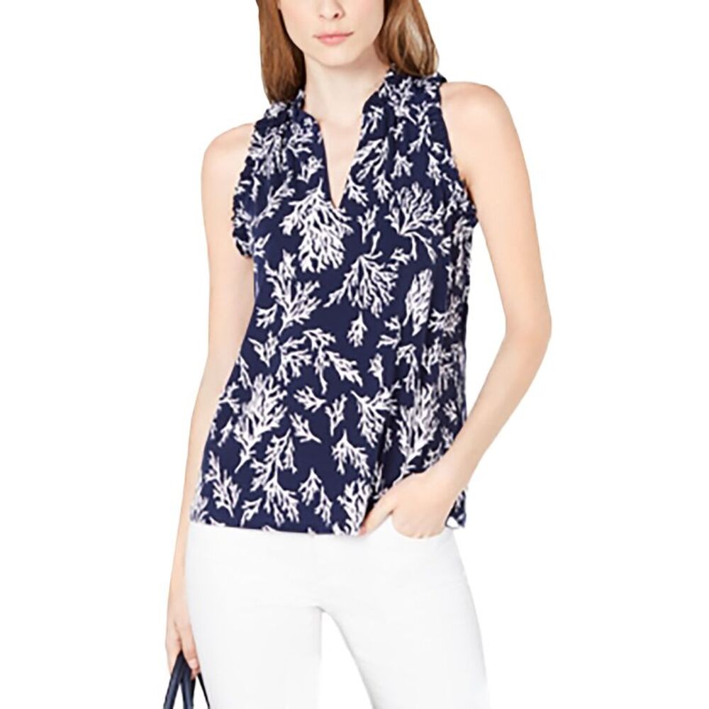 Michael Kors Womens Top Ruffled Printed Top True Navy XL